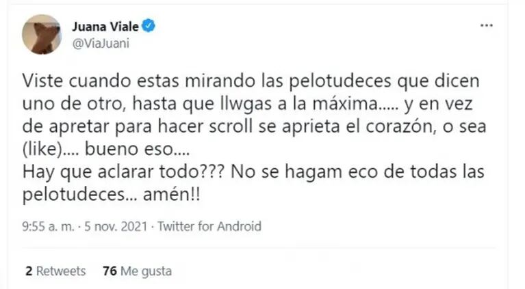 Juana Viale reaccionó tras dar like por error a un tweet sobre el motivo de la separación de China Suárez y Nacho: "¿Hay que aclarar todo?"
