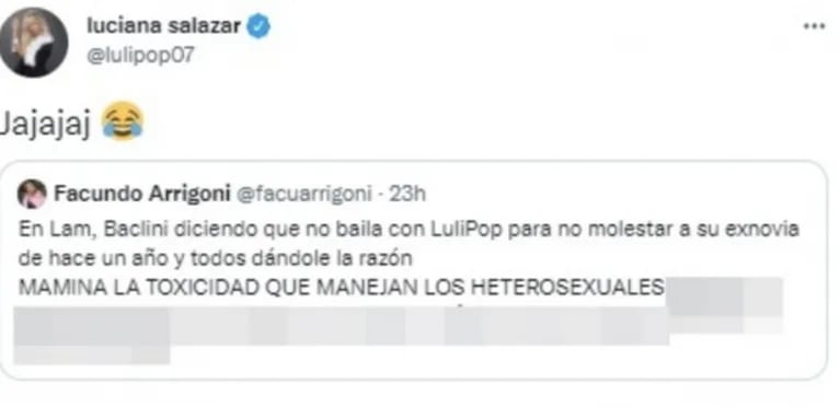 Luciana Salazar hizo un fuerte retweet contra Cinthia Fernández y Martín Baclini: "La toxicidad que manejan"