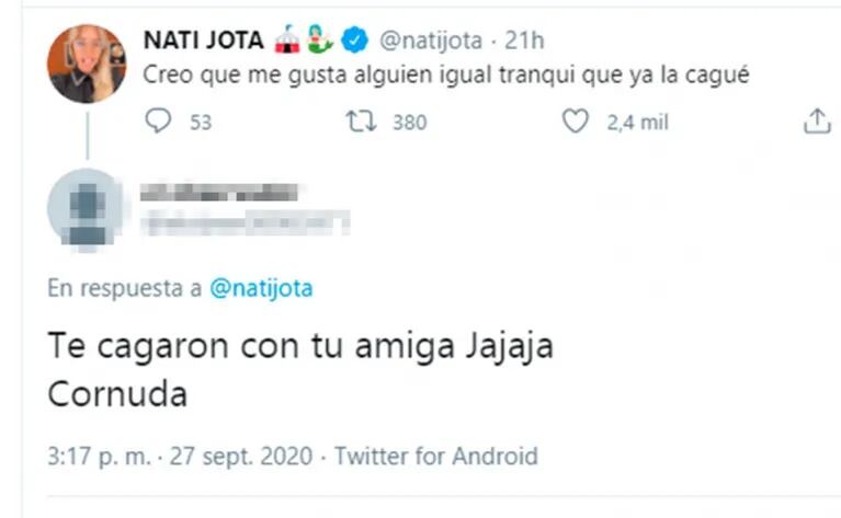 Fuerte respuesta de Nati Jota ante una burla por el romance de su ex con Ivana Nadal: "Qué choto tenés que ser"