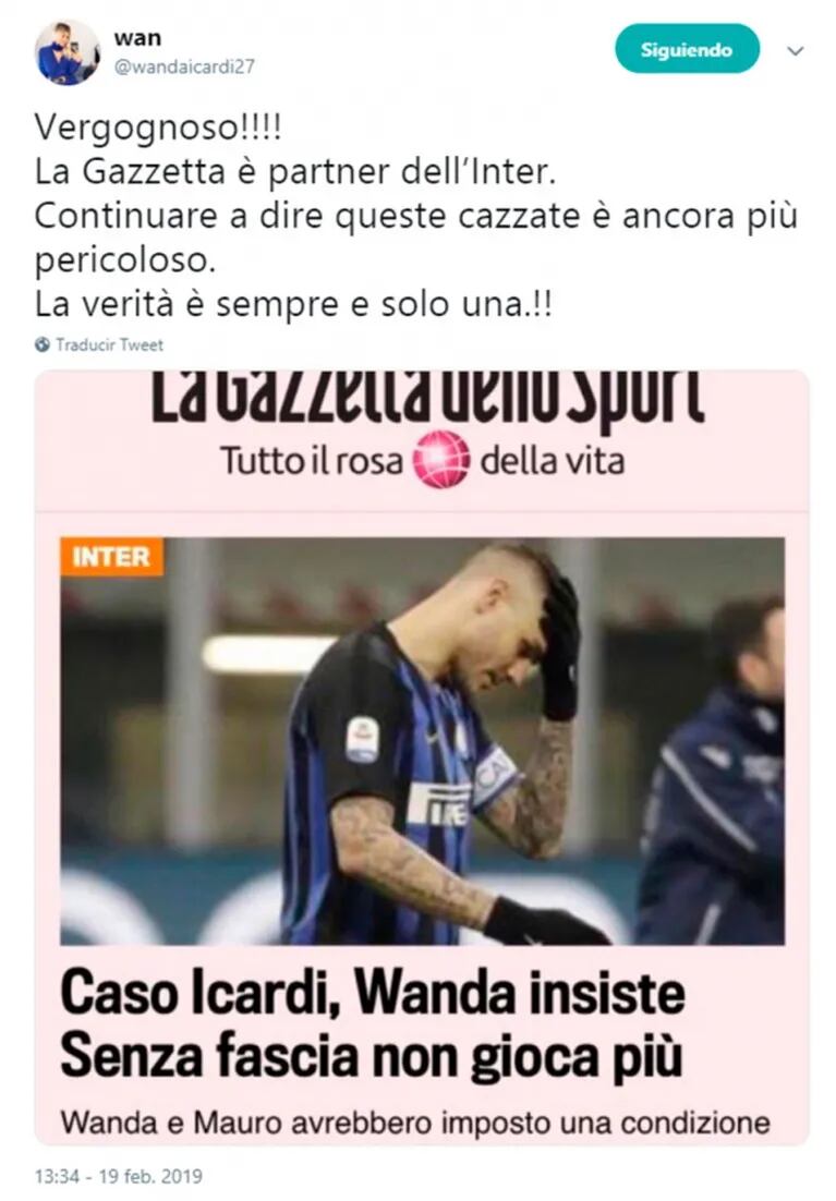 Wanda estalló contra un diario italiano por el conflicto de Icardi con el Inter: "Es peligroso seguir diciendo esta mier..."