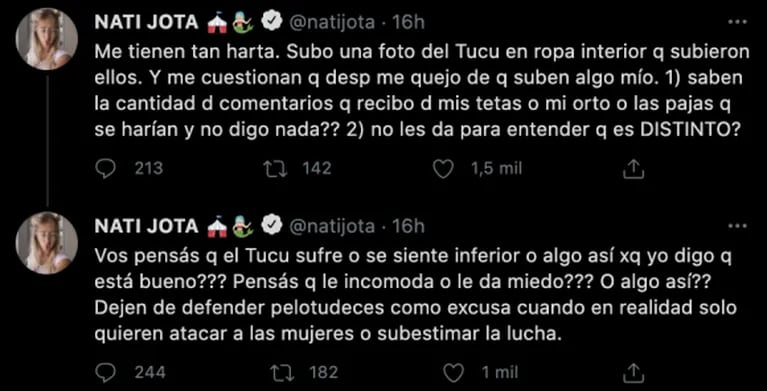 Contundente descargo de Nati Jota por haber subido fotos de Tucu Correa sin ropa: "Me tienen tan harta"