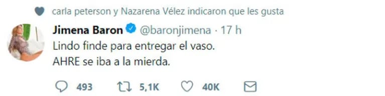 El zarpado tweet de Jimena Barón, tras el bizarro mensaje de Gisela Barreto sobre el sexo anal