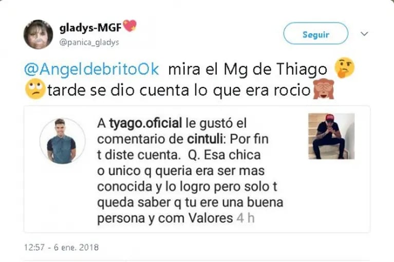 El polémico me gusta de Tyago Griffo contra Rocío Robles, y la reacción de la diosa: "Supongo que fue por error y si no, lo perdono"