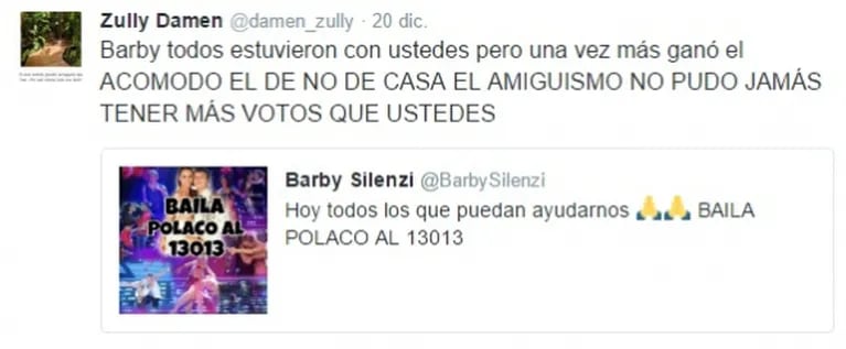 Picantes retweets y "me gusta" de Barby Silenzi tras perder junto al Polaco la final de Bailando 2016: "Acomodos y fraudes"