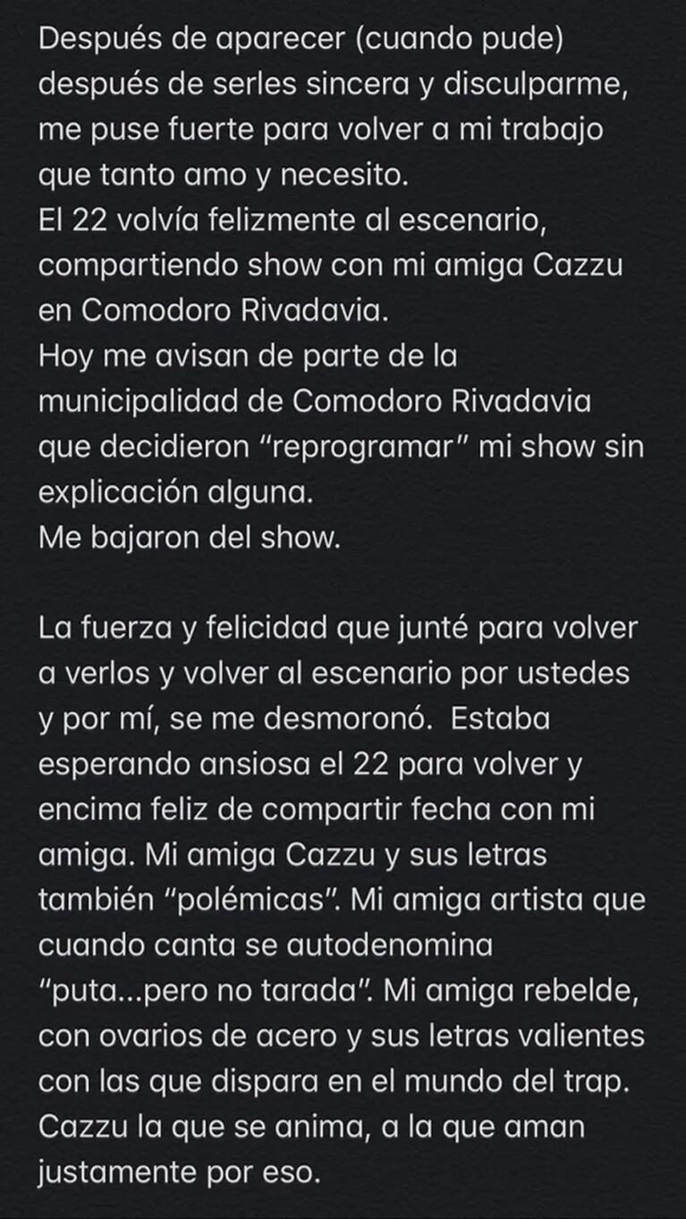 Jimena Barón explotó tras la cancelación de un show y denuncia que fue censurada: "La fuerza que junté se desmoronó"