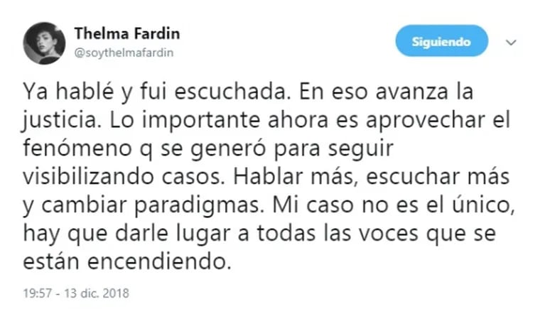 El tweet de Thelma Fardin tras las declaraciones de Darthés en televisión: "Ya hablé y fui escuchada"