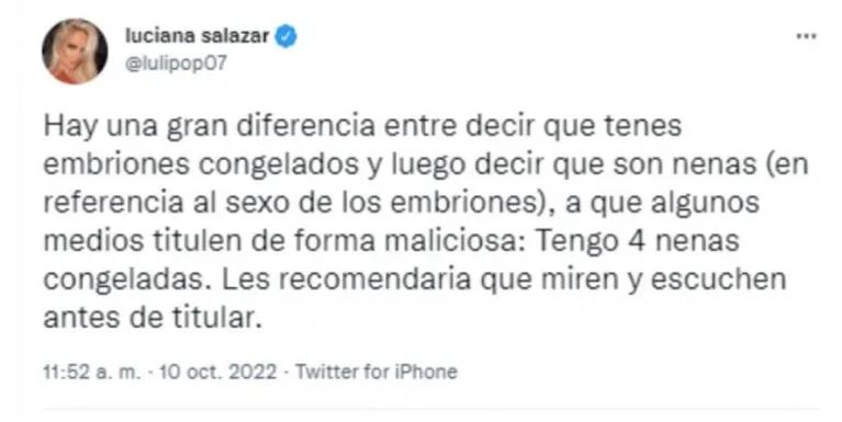 Luciana Salazar aclaró sus dichos sobre sus embriones congelados