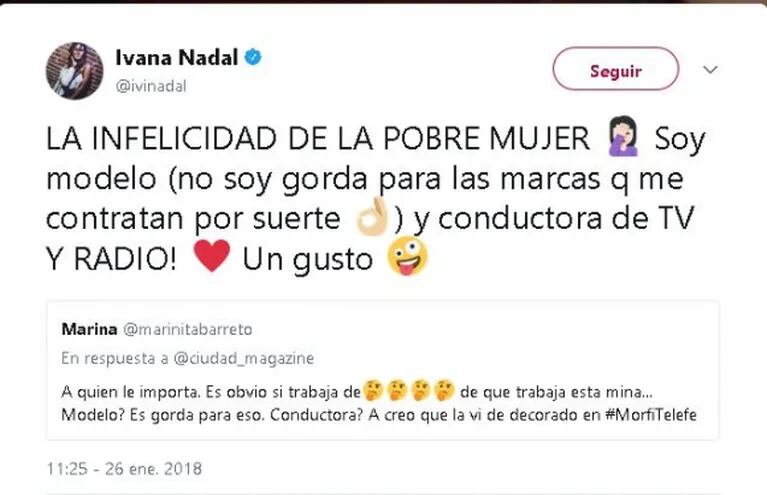 La picante respuesta de Ivana Nadal a una twittera que la trató de 'gorda': "No soy gorda para las marcas que me contratan"
