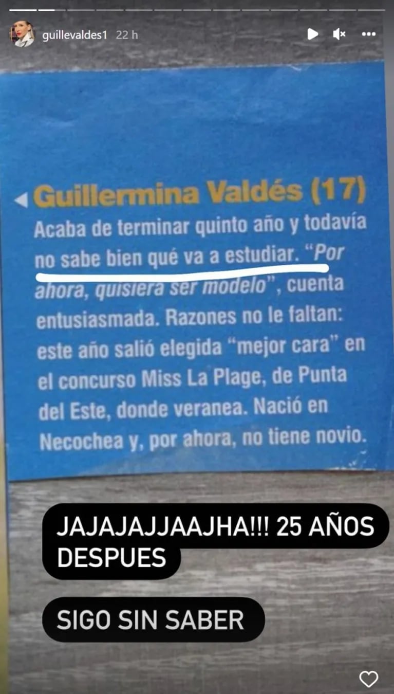 Guillermina Valdés compartió una foto de 1997 y se rió de su declaración: "25 años después"