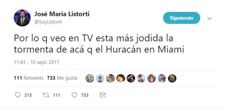 Desafortunada frase de José María Listorti por el huracán Irma... y lluvia de críticas: "Por lo que veo en TV, está más jodida la tormenta de acá que el huracán en Miami"