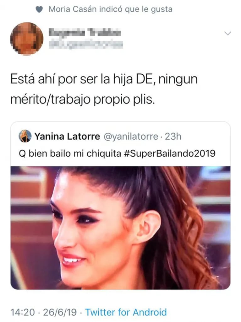 El picante "me gusta" de Moria Casán a un comentario de una twittera sobre la hija de Yanina Latorre
