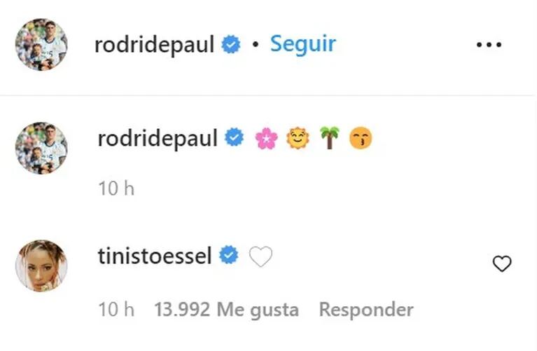 Rodrigo de Paul compartió fotos muy cancheras y Tini Stoessel reaccionó con amor 