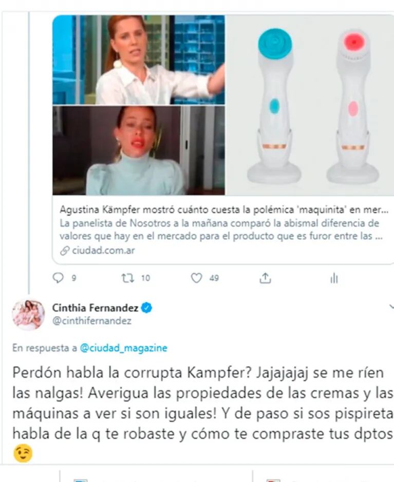 Fuerte reacción de Cinthia Fernández contra Agustina Kämpfer por criticar las polémicas "maquinitas": "¿Habla la corrupta?"