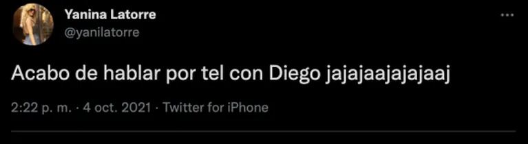 El divertido tweet de Yanina Latorre sobre la comunicación con Diego en medio de la caída de WhatsApp: "Acabo de hablar por teléfono"