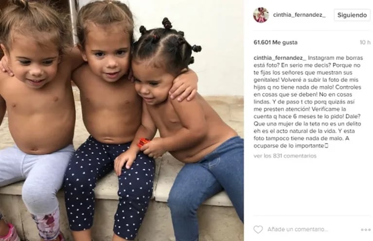 La furia de Cinthia Fernández luego de que Instagram le censurara una foto de sus hijas: "¡¿Por qué no te fijás en los señores que muestran sus genitales?!"