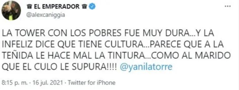Repudiable ataque de Alex Caniggia a Yanina Latorre tras sus dichos sobre la pandemia: "La infeliz dice que tiene cultura"