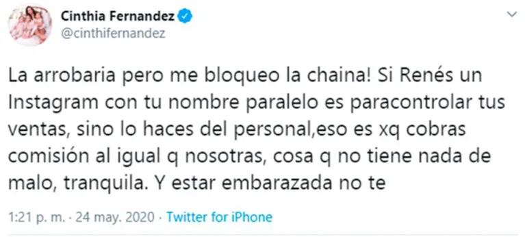 Fuertes mensajes de Cinthia Fernández contra China Suárez tras su catarata de tweets: "¡Estar embarazada no te santifica!"
