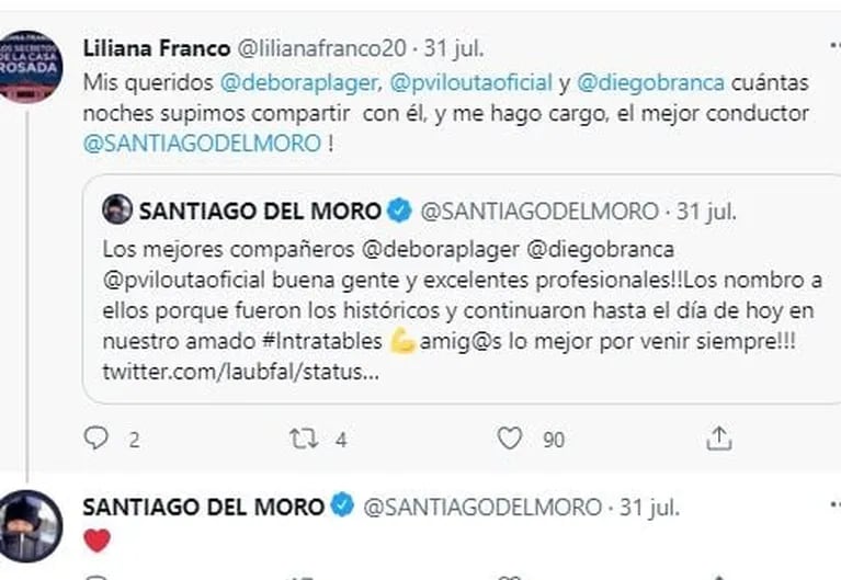 Fuerte apoyo de Santiago del Moro a Débora Plager tras su renuncia a Intratables por la llegada de Alejandro Fantino: "Fueron los históricos"