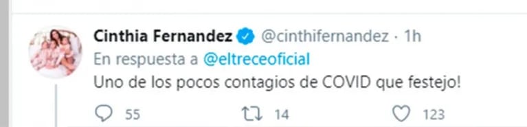 Polémica en redes tras el tweet de Cinthia Fernández al confirmarse que Bolsonaro tiene coronavirus: "Festejo"