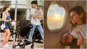 La dulce postal de Violeta Urtizberea amamantando a Lila, su beba de 3 meses, en pleno vuelo (Fotos: Instagram)