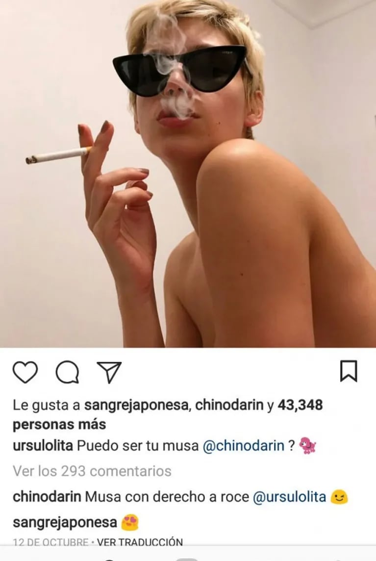 Úrsula Corberó le dedicó una sugerente foto en topless al Chino Darín y él la piropeó: "Sos mi musa con derecho a roce" 