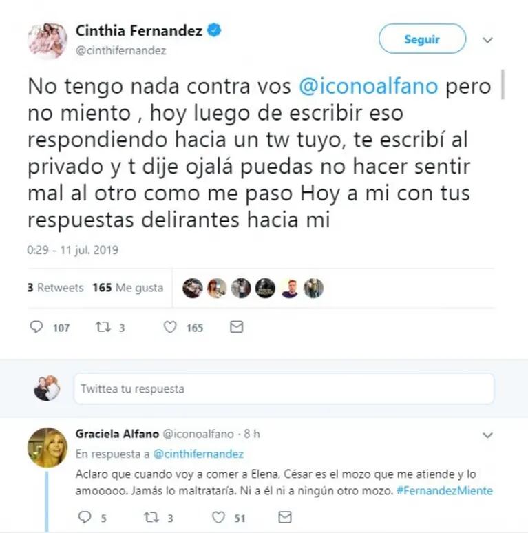 Tremendo cruce en Twitter de Cinthia Fernández y Graciela Alfano: la dura acusación de la bailarina