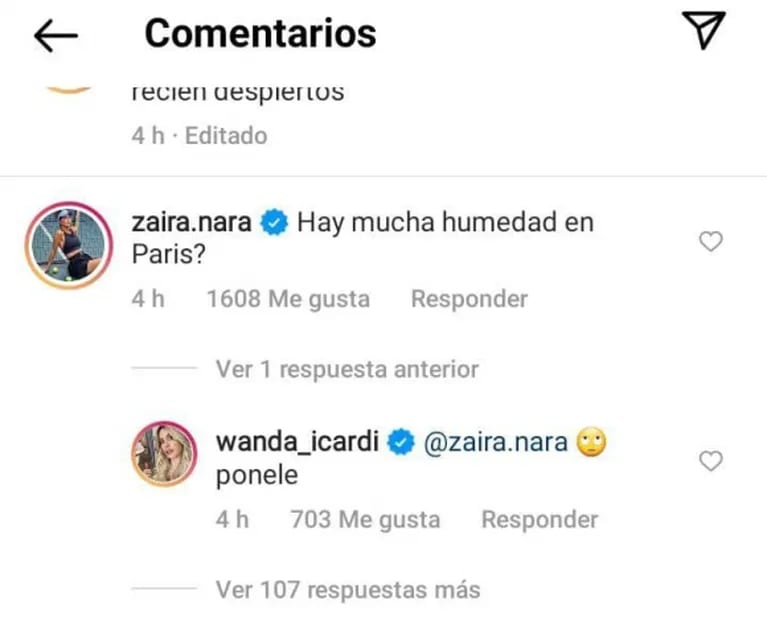 Zaira Nara hizo un pícaro comentario en una foto romántica de Wanda y Mauro: "¿Hay mucha humedad en París?"