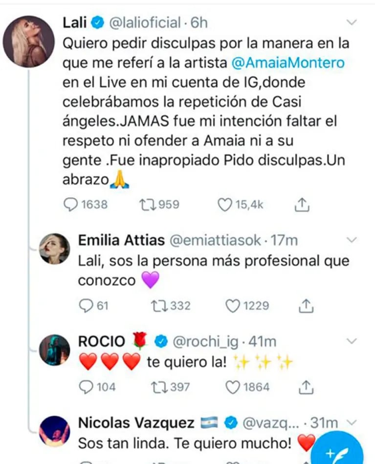El apoyo de los ex Casi Ángeles a Lali Espósito en medio del escándalo con Amaia Montero