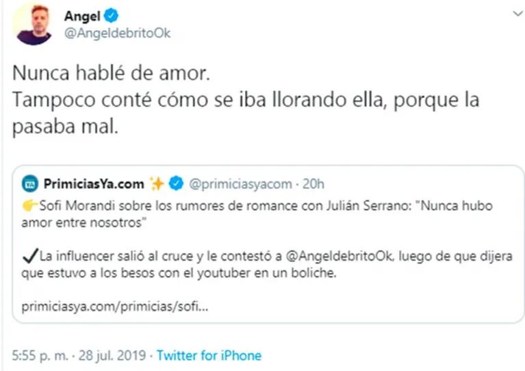 Picante tweet de Ángel de Brito tras el polémico rumor de affaire entre Sofi Morandi y Julián Serrano