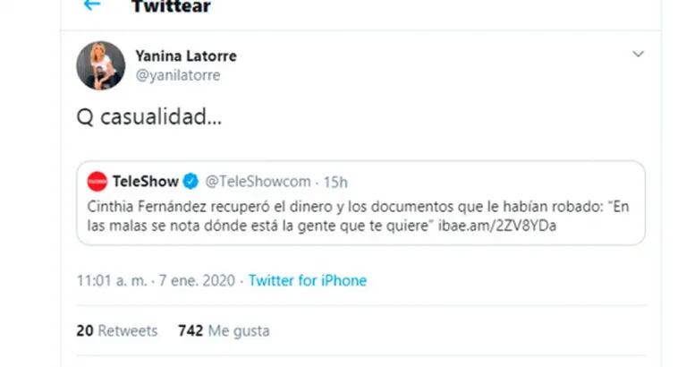 Picantísimos tweets de Yanina Latorre mientras Cinthia Fernández hacía su descargo en LAM