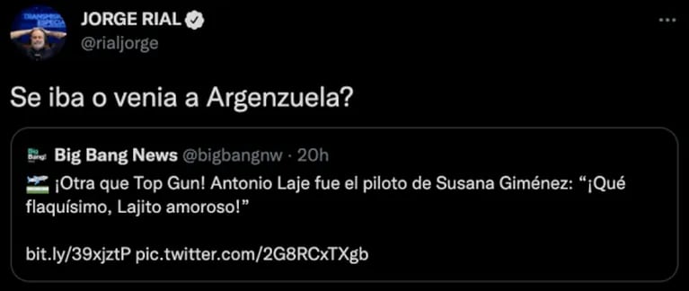 Irónico mensaje de Jorge Rial por el vuelo de Susana Giménez con Antonio Laje: "¿Se iba o venía a Argenzuela?"