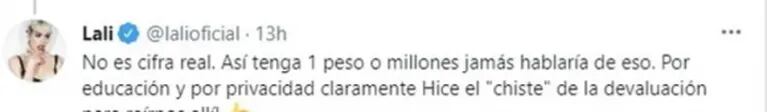 Lali Espósito aclaró el comentario sobre los "millones" de pesos que tiene en el banco: "Hice el chiste para reírnos allí"