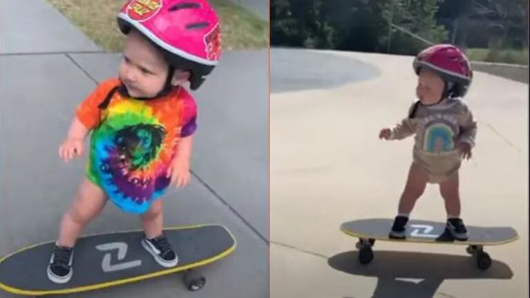 Con apenas un año, esta niña sorprende con arriba de una patineta