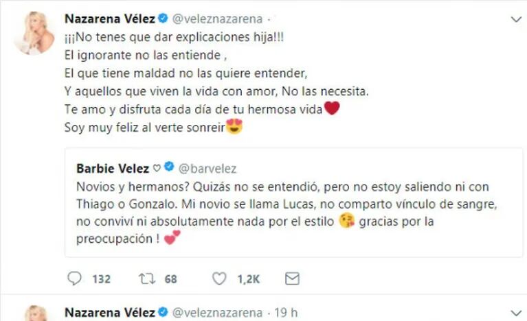 Nazarena Vélez, tras el blanqueo amoroso de Barbie con Lucas Rodríguez: "No tenés que dar explicaciones; soy feliz al verte sonreír" 