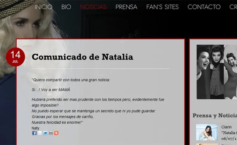 El comunicado de Natalia Oreiro, con la confirmación del embarazo. (Imagen: www.nataliaoreiro.com)