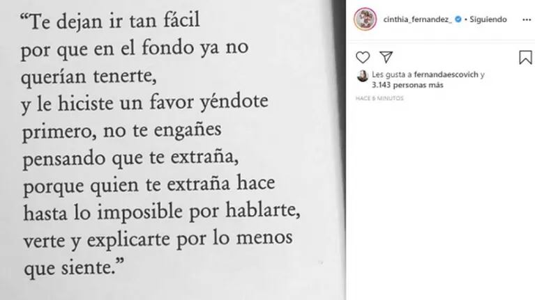 El fuerte posteo en Instagram de Cinthia Fernández ¿sobre Martín Baclini?... ¡que luego eliminó!