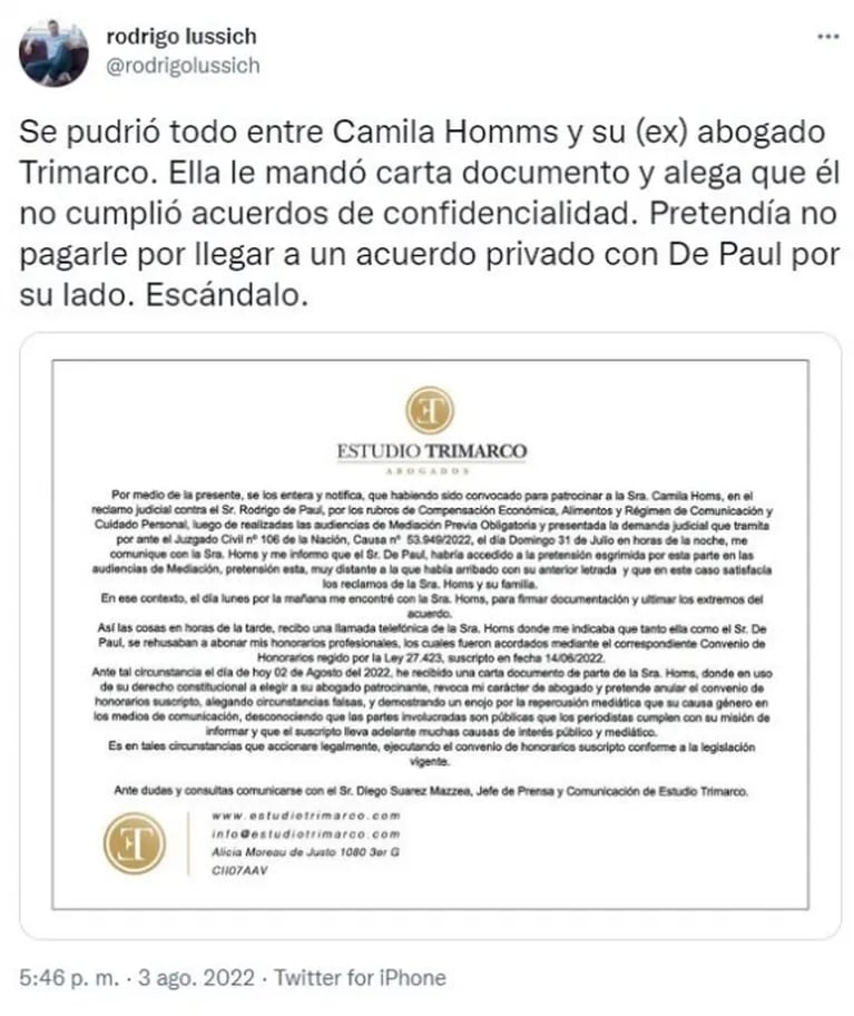 Camila Homs llegó a un acuerdo con Rodrigo de Paul pero ahora no le quiere pagar a su abogado: "Se pudrió todo"