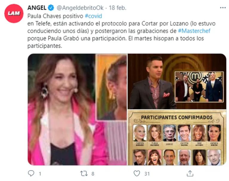 Paula Chaves, positivo de covid: "Activaron el protocolo en Cortá por Lozano y postergaron grabaciones de MasterChef"