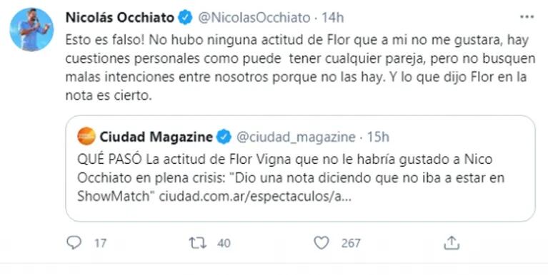 Firme aclaración de Nico Occhiato tras la separación de Vigna: "¡Eso es falso! No hubo ninguna actitud de Flor que me no me gustara"