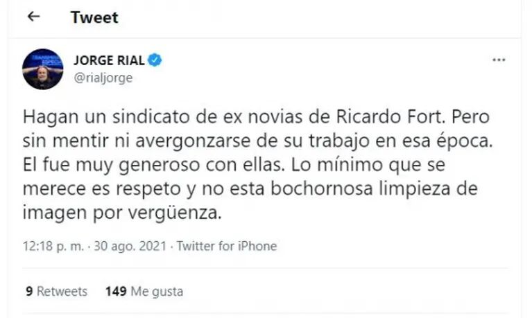 Explosivo tweet de Jorge Rial contra Virginia Gallardo por la serie de Fort: "Él no se merece esta bochornosa limpieza de imagen"