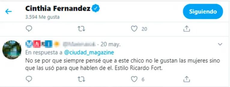 Explosivo "me gusta" de Cinthia Fernández sobre Martín Baclini: "Estilo Fort, no le gustan las mujeres sino que las usó"