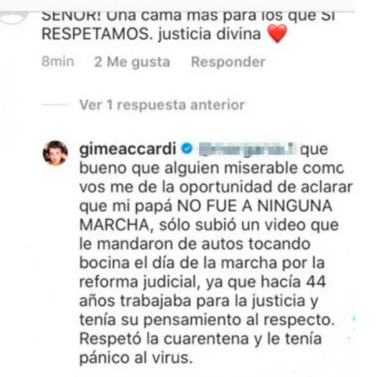 Fuerte reacción de Gimena Accardi por el desubicado comentario de un seguidor sobre la muerte de su padre: "Miserable"
