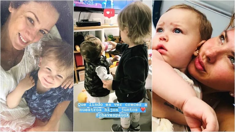 La tierna foto del hijo de Paula Chaves dándole la mamadera a la beba de la China Suárez (Fotos: Instagram y Captura de Instagram Stories)