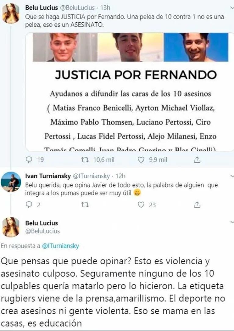 Belu Lucius protagonizó una inesperada polémica sobre el Caso Fernando Báez Sosa por un tweet de hace 3 años
