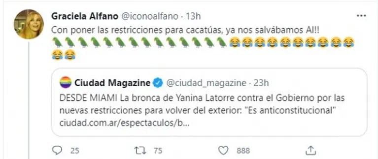 Polémicos tweets de Graciela Alfano tras el enojo de Yanina Latorre por las restricciones para volver a Argentina: "Ni en el país la quieren"