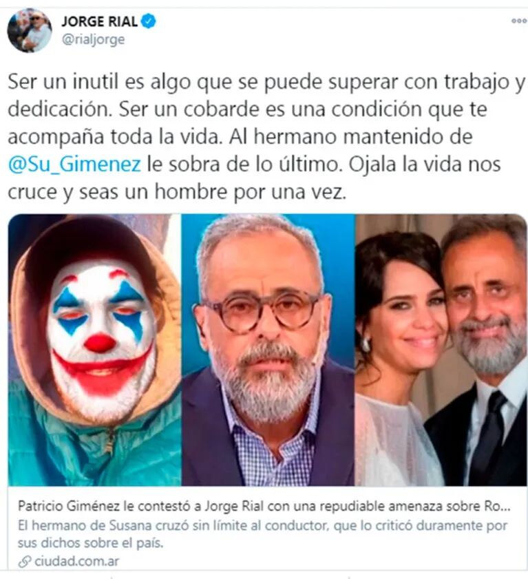 Fuerte reacción de Jorge Rial tras los repudiables dichos de Patricio Giménez sobre Romina Pereiro: "Ojalá la vida nos cruce"
