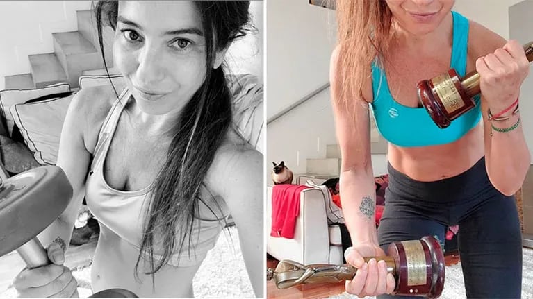 Florencia Etcheves y su original manera de ejercitar los bíceps en su casa: ¡Gracias APTRA!