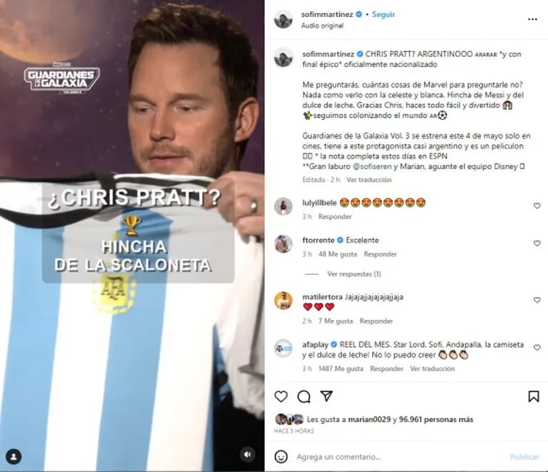 El divertido video de Chris Pratt con la camiseta de Argentina y comiendo dulce de leche: "Andá pallá bobo"