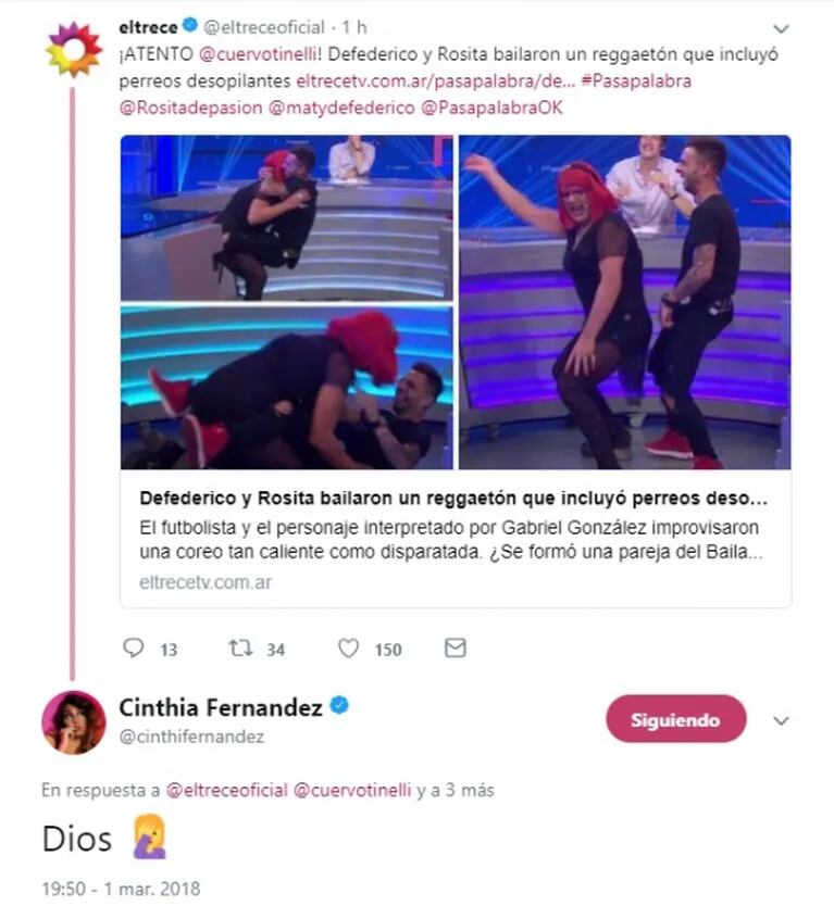 La reacción de Cinthia Fernández tras ver a Matías Defederico bailar reggaetón en televisión: "Dios"