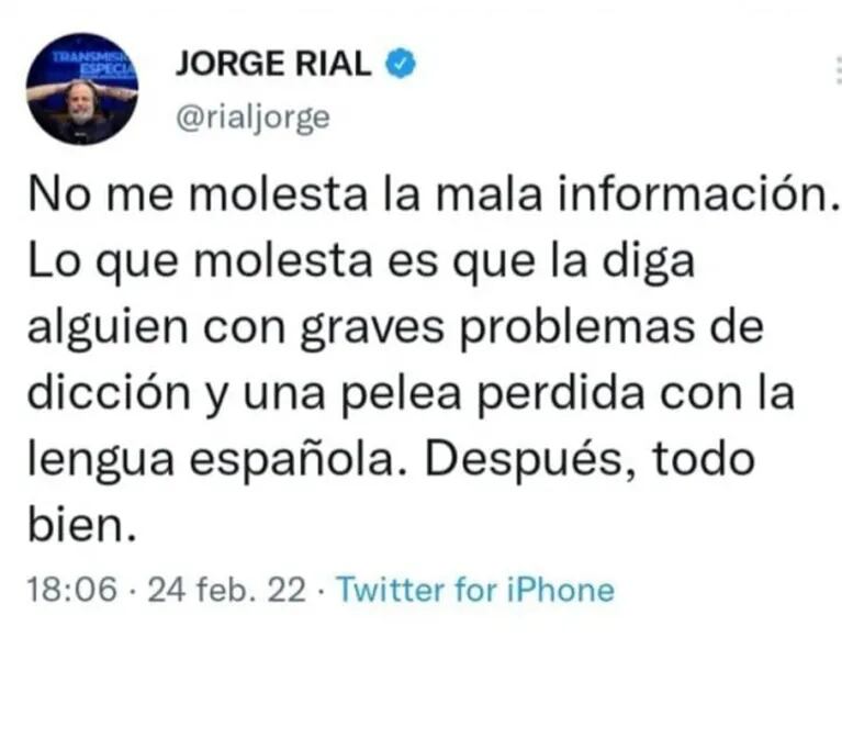 Fuerte tweet de Jorge Rial contra Marcela Tauro por contar su pelea con la Negra Vernaci: "Alguien con graves problemas de dicción"